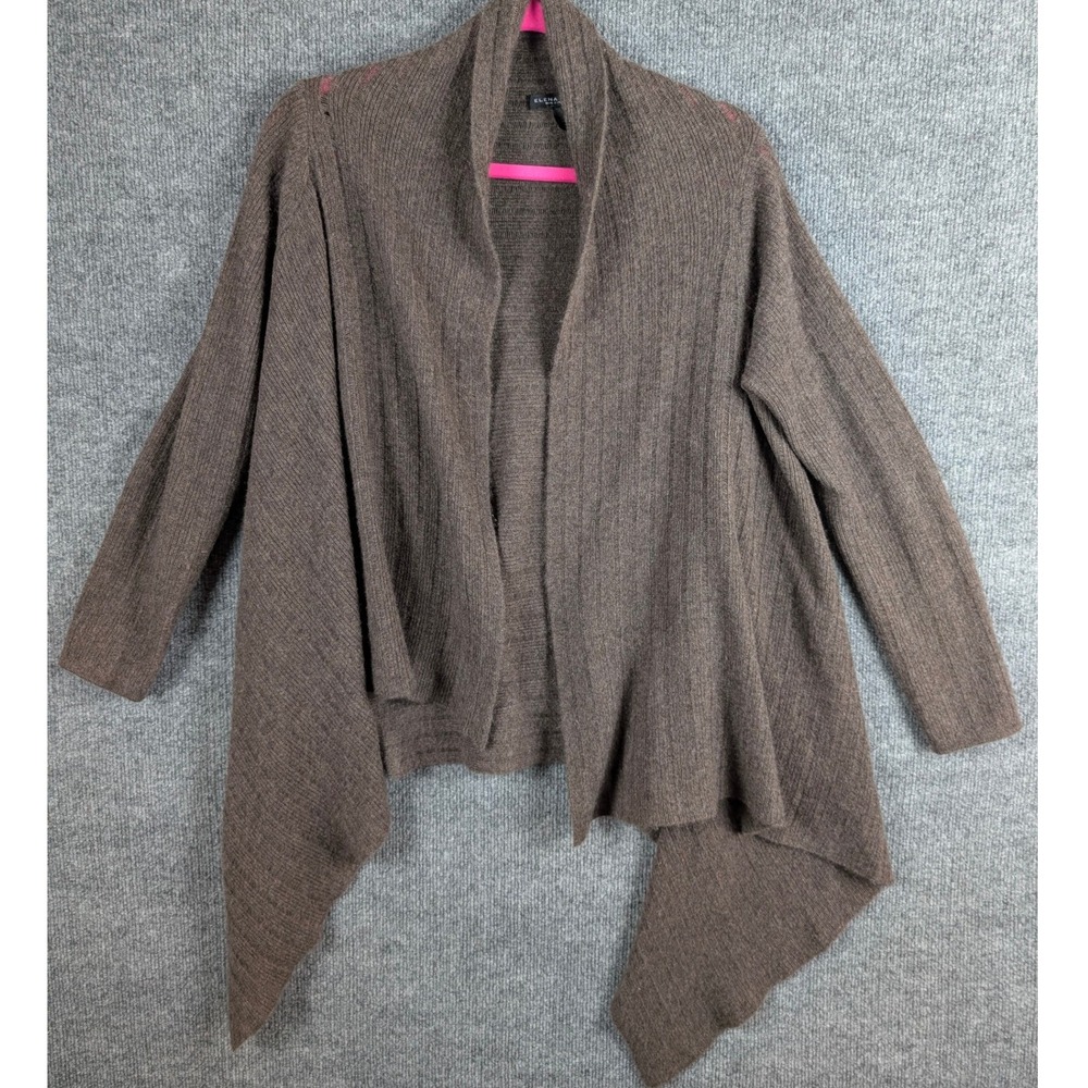 Elena Solano Brown 100% Cashmere Ribbed Open Front Draped Cardigan Sweater Small